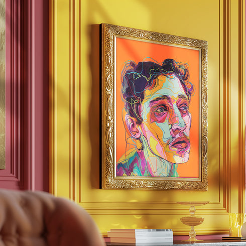Vibrant digital portrait of a person with angular features against a bright orange background. The face is composed of bold, colorful lines and shapes in various hues including purple, yellow, pink, and teal. The subject has tousled dark hair and a contemplative expression, with prominent eyes and lips. The style is reminiscent of expressive, contemporary digital art.